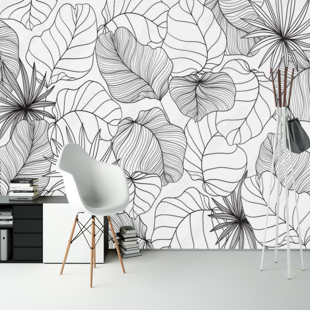 Papier Peint Tropical <br/> Jungle Blanc et Noir