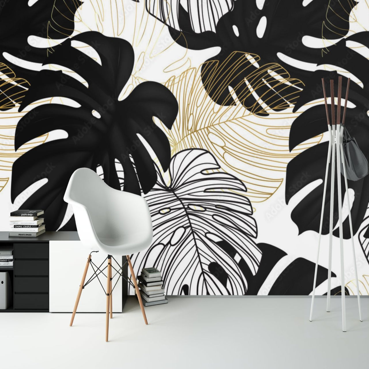 Papier Peint Tropical <br/> Noir et Blanc Grande Feuille