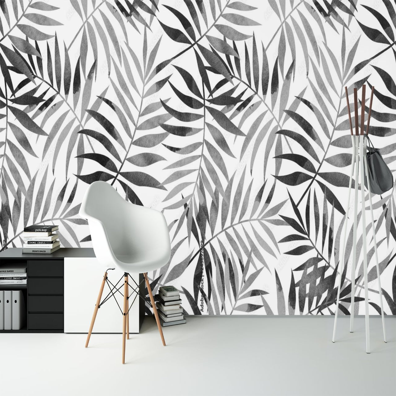 Papier Peint Tropical <br/> Feuille Noir et Blanc