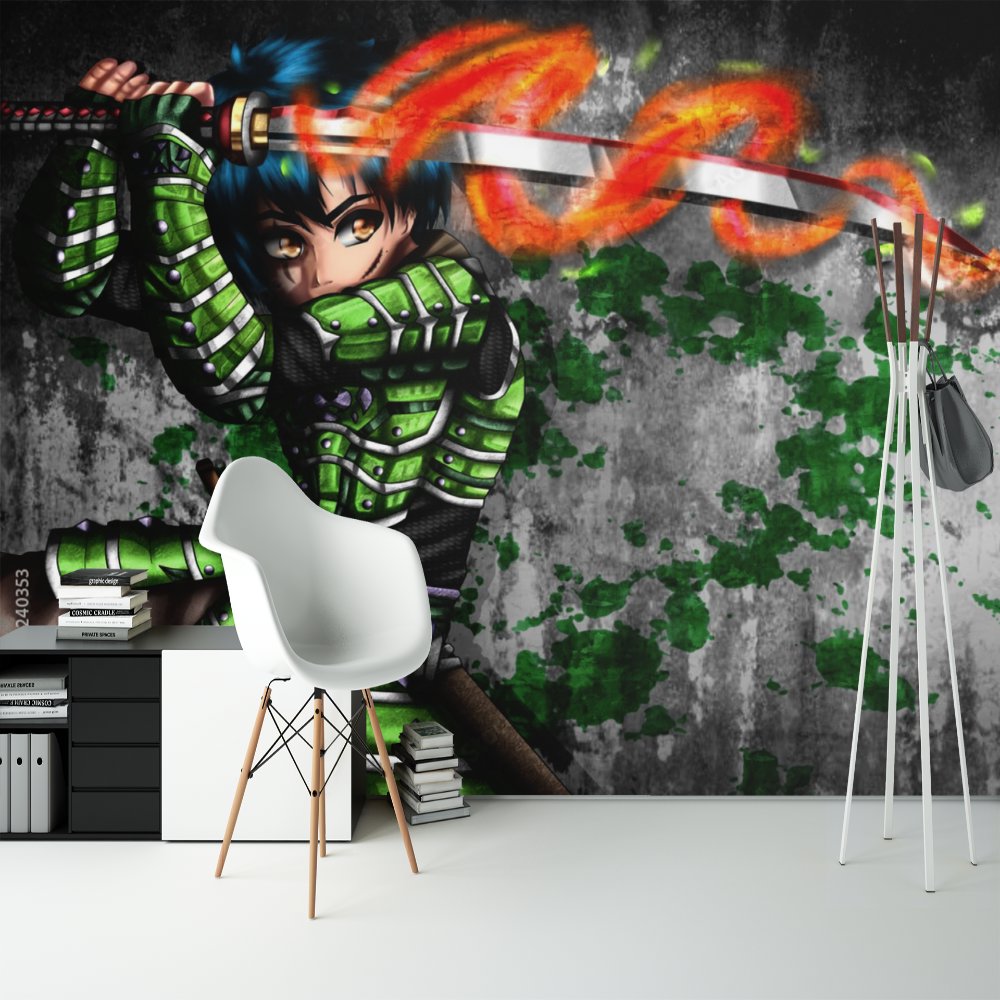 Papier Peint Japonais Manga <br/> Guerrier Vert et Katana en Feu