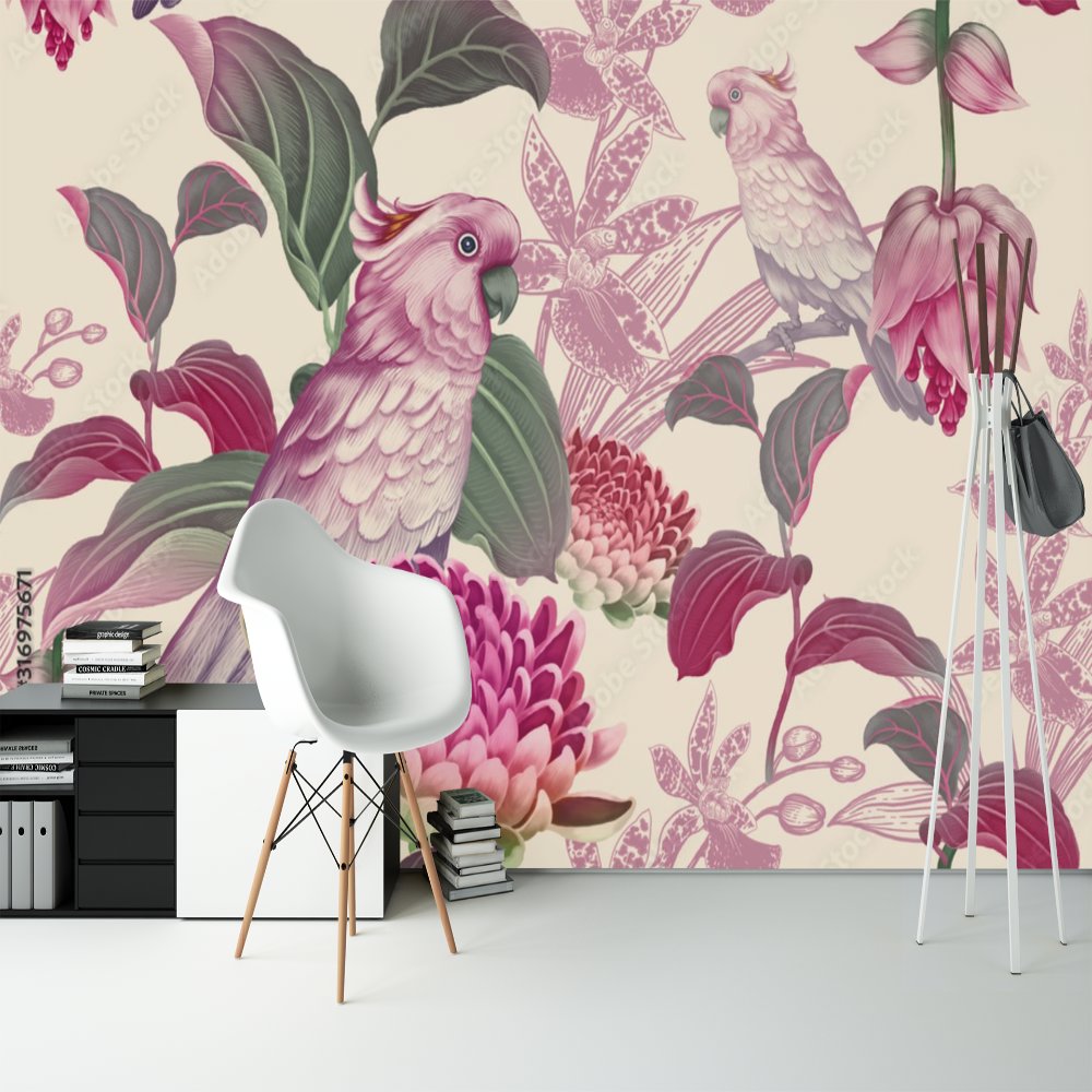 Papier Peint Tropical <br/> Vintage Perroquet Rose