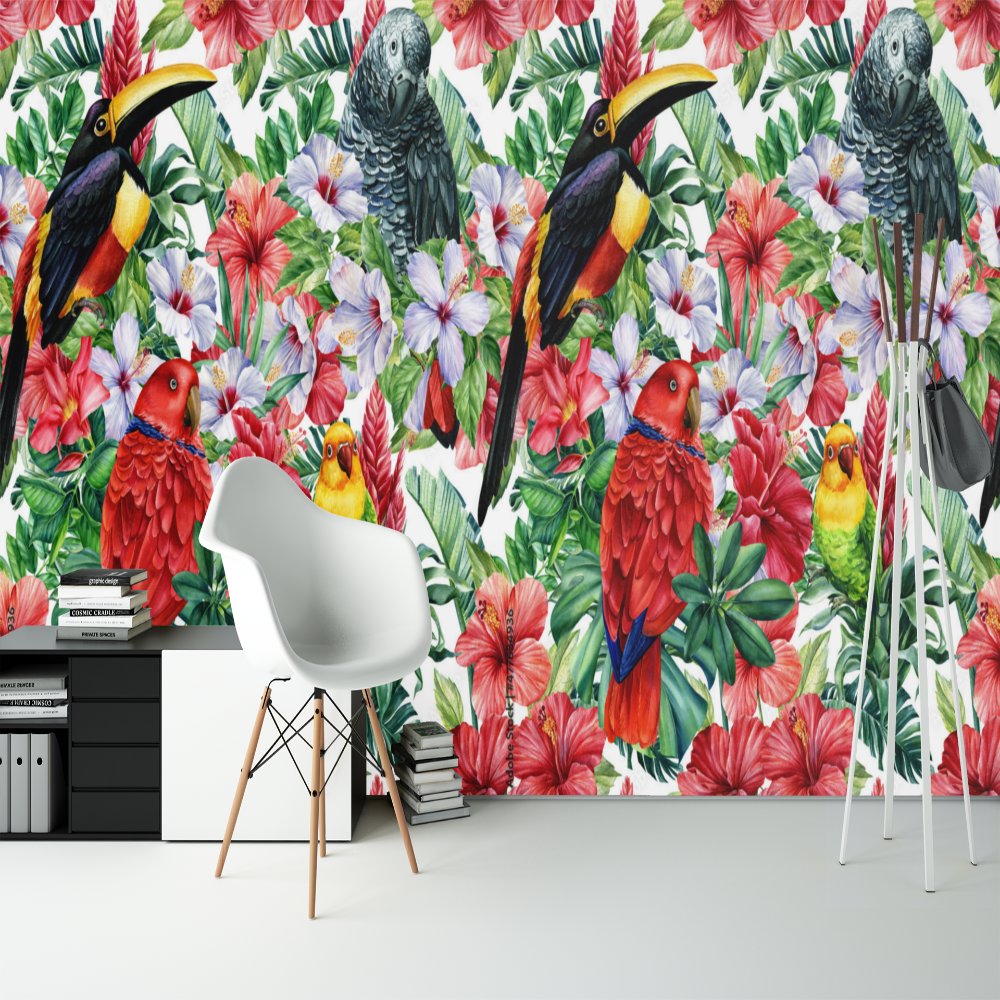 Papier Peint Oiseaux <br/> Touche Tropicale et Oiseaux