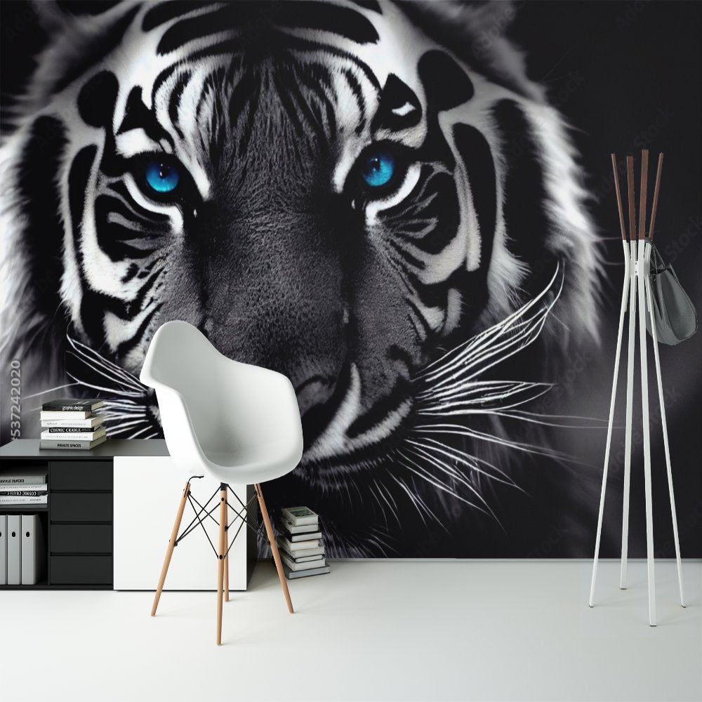 Papier Peint Noir et Blanc <br/> Tigre Majestueux Yeux Bleus