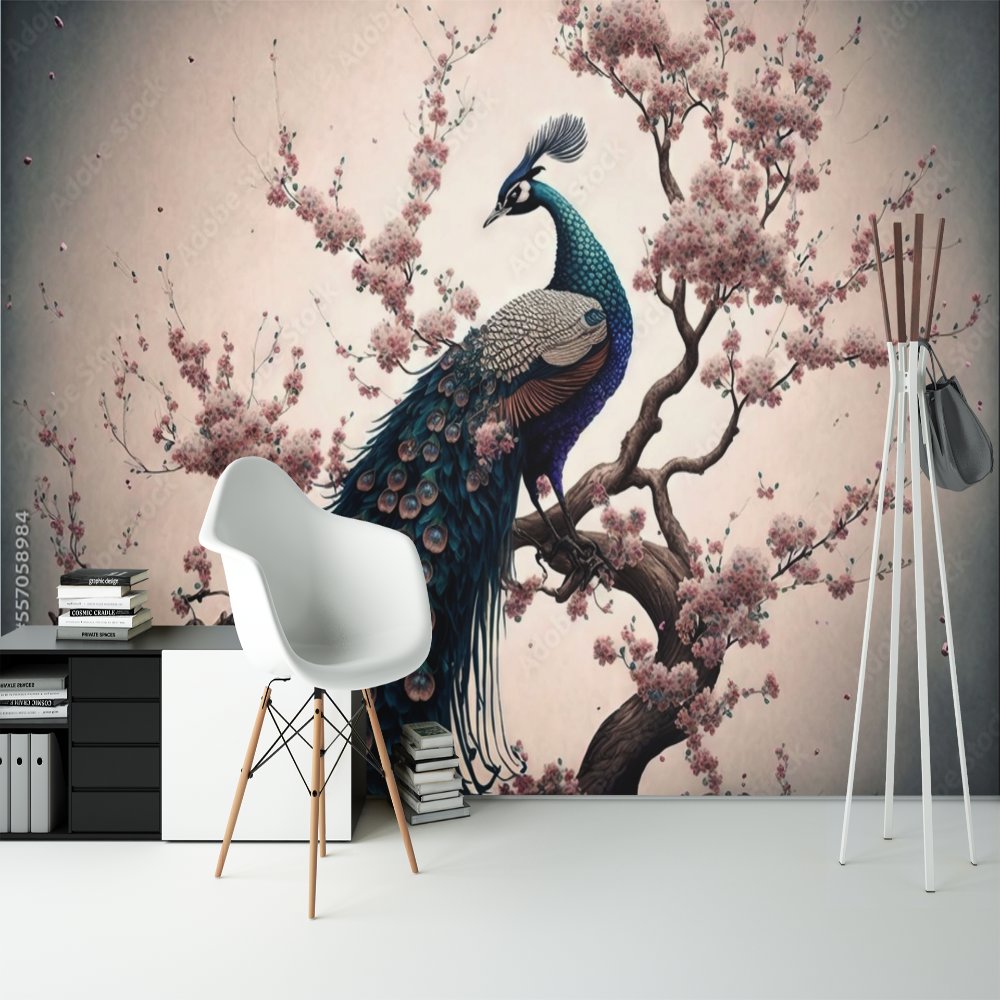 Papier Peint Plume <br/> Paon Majestueux et Sakura