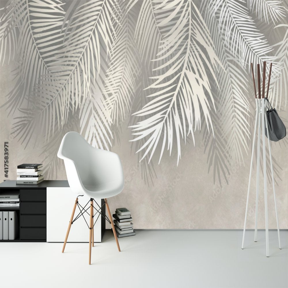 Papier Peint Tropical <br/> Design Feuillage Beige et Blanc