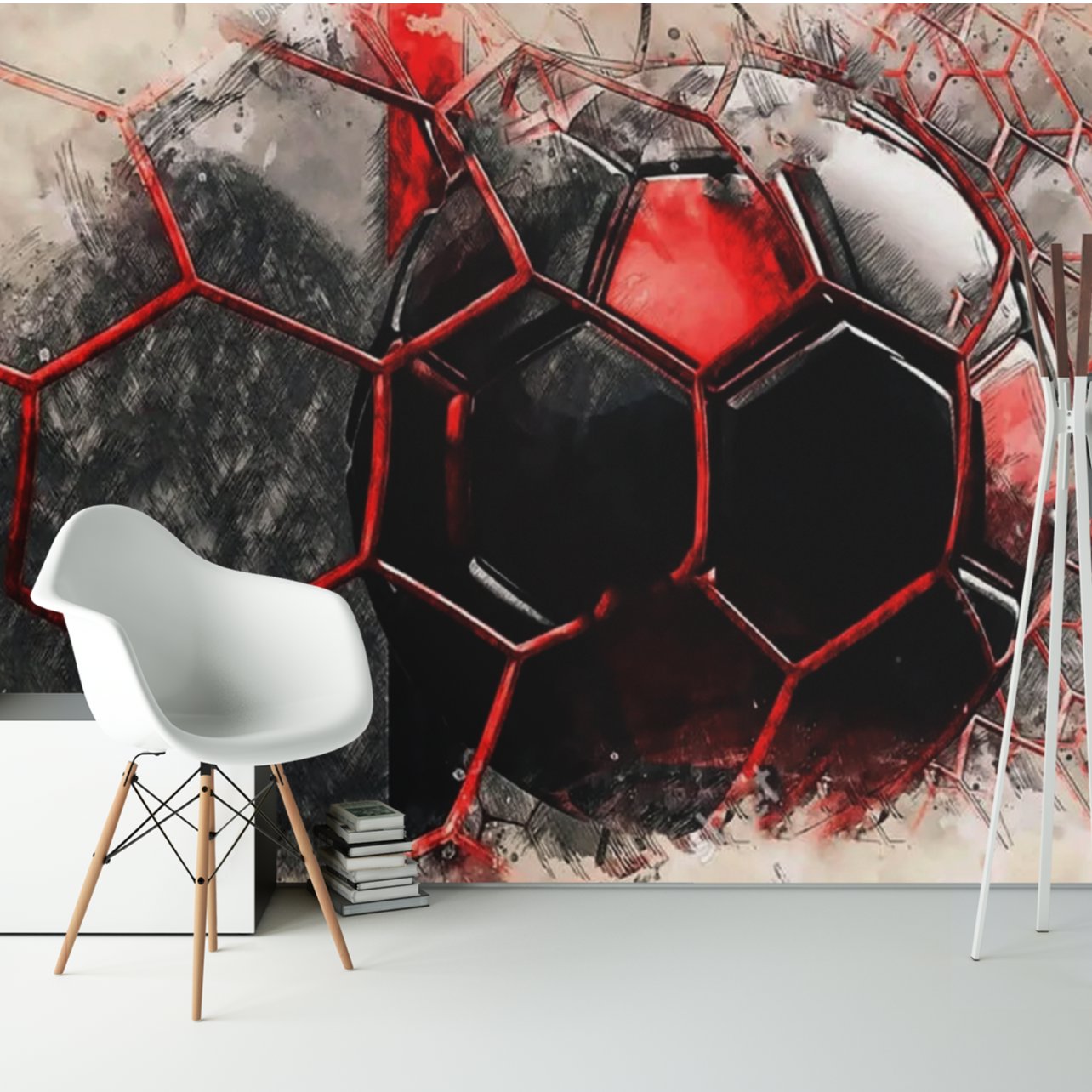 Papier Peint Foot <br/> Ballon Rouge et Noir