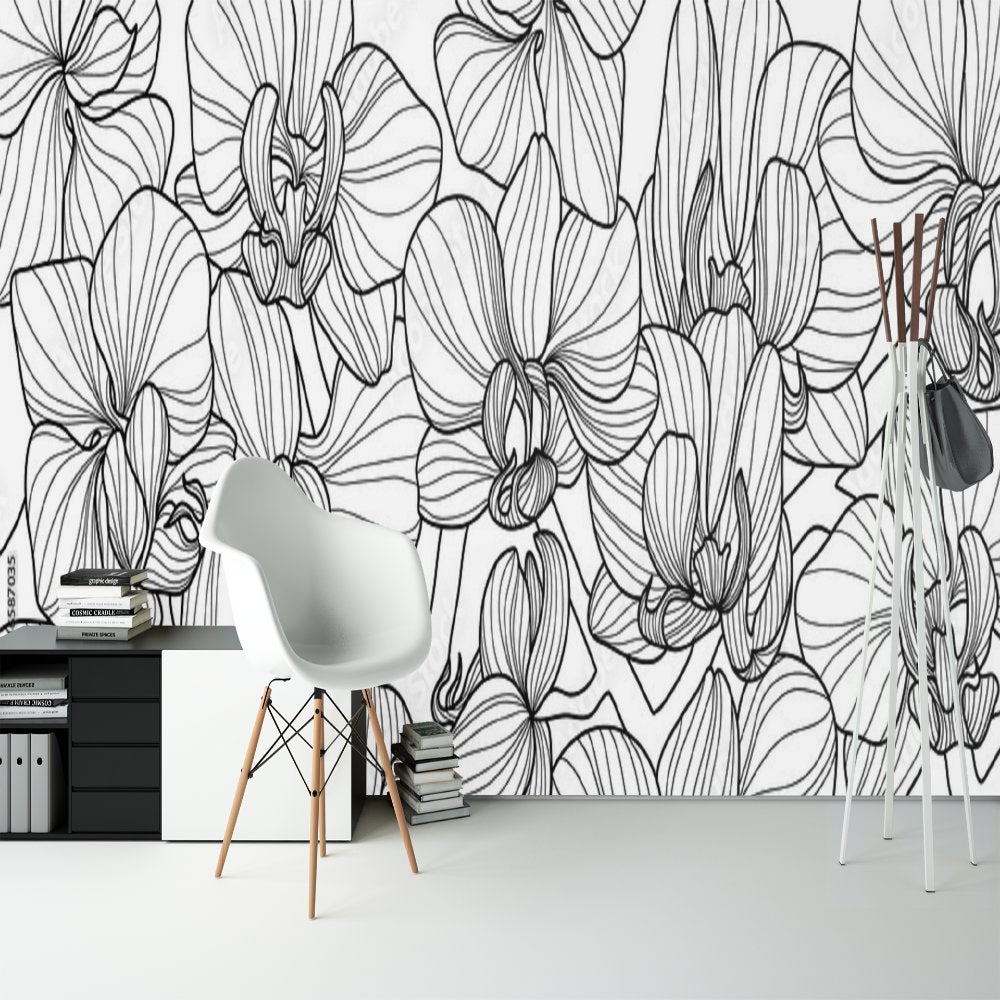 Papier Peint Tropical <br/> Style Fleur Noir et Blanc
