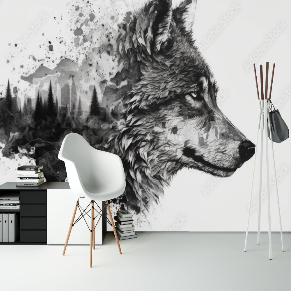 Papier Peint Noir et Blanc <br/> Loup Noir Sauvage