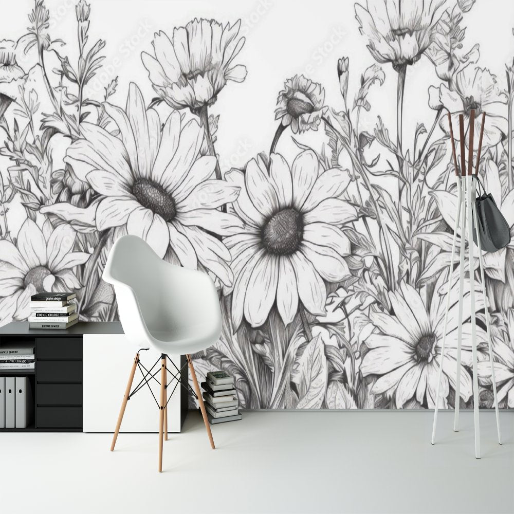 Papier Peint Noir et Blanc <br/> Grosse Fleur Marguerite