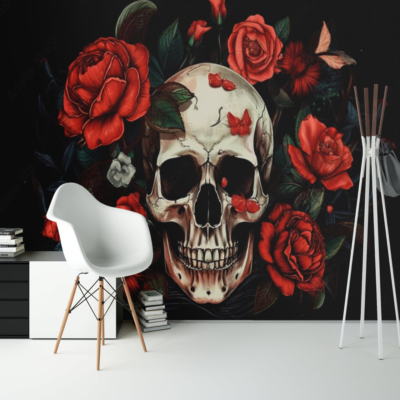 Papier Peint Tête de Mort <br/> Crâne Retro Fleuri