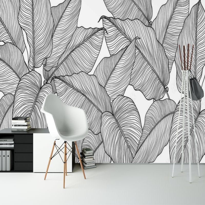 Papier Peint Tropical <br/> Motif Grande Feuille Noir et Blanc