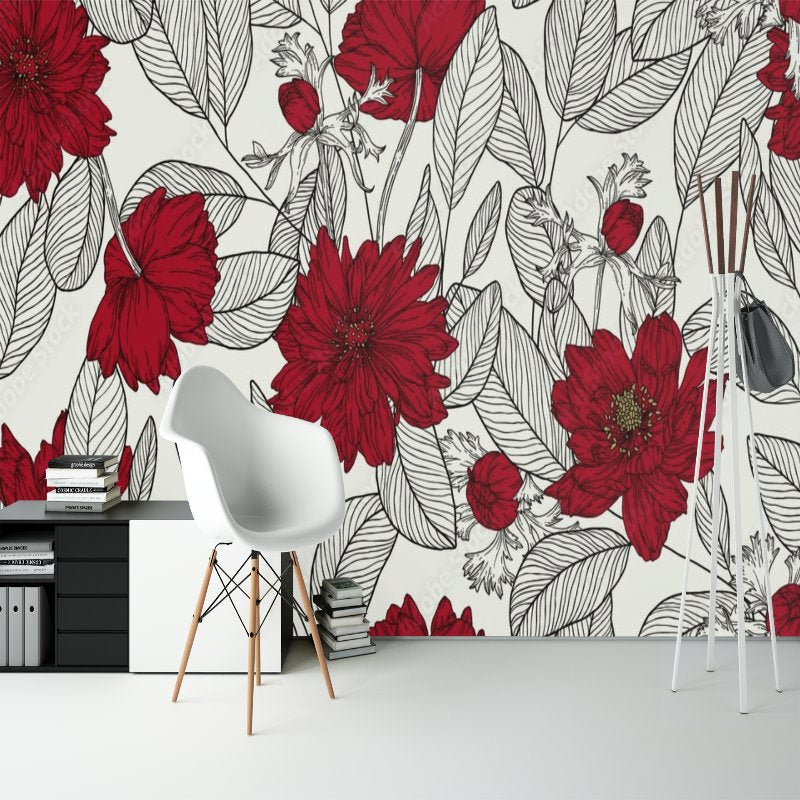 Papier Peint Tropical <br/> Grosse Fleur Rouge