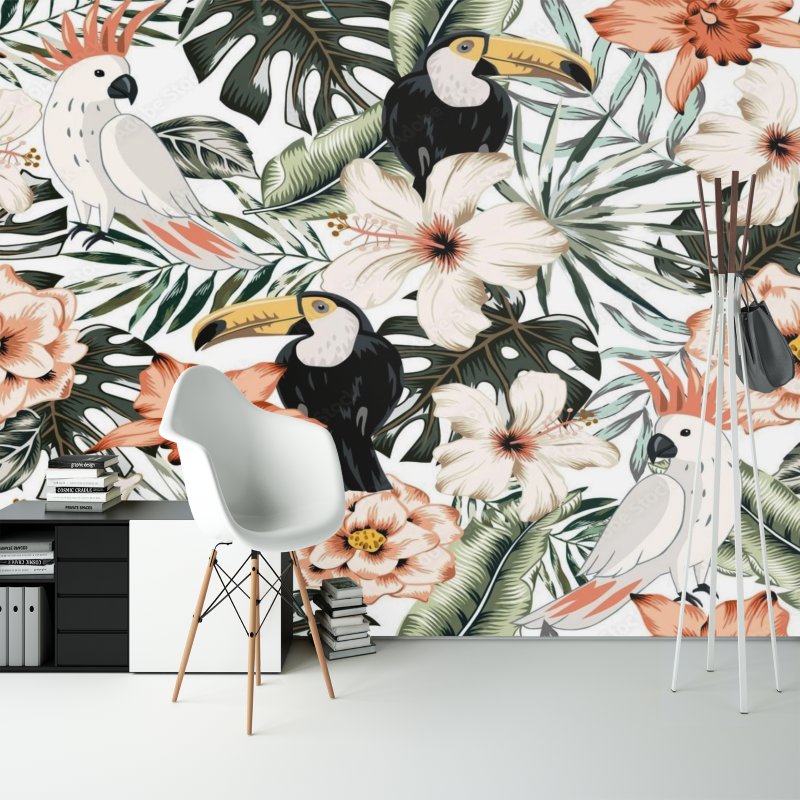 Papier Peint Tropical <br/> Toucan et Fleurs