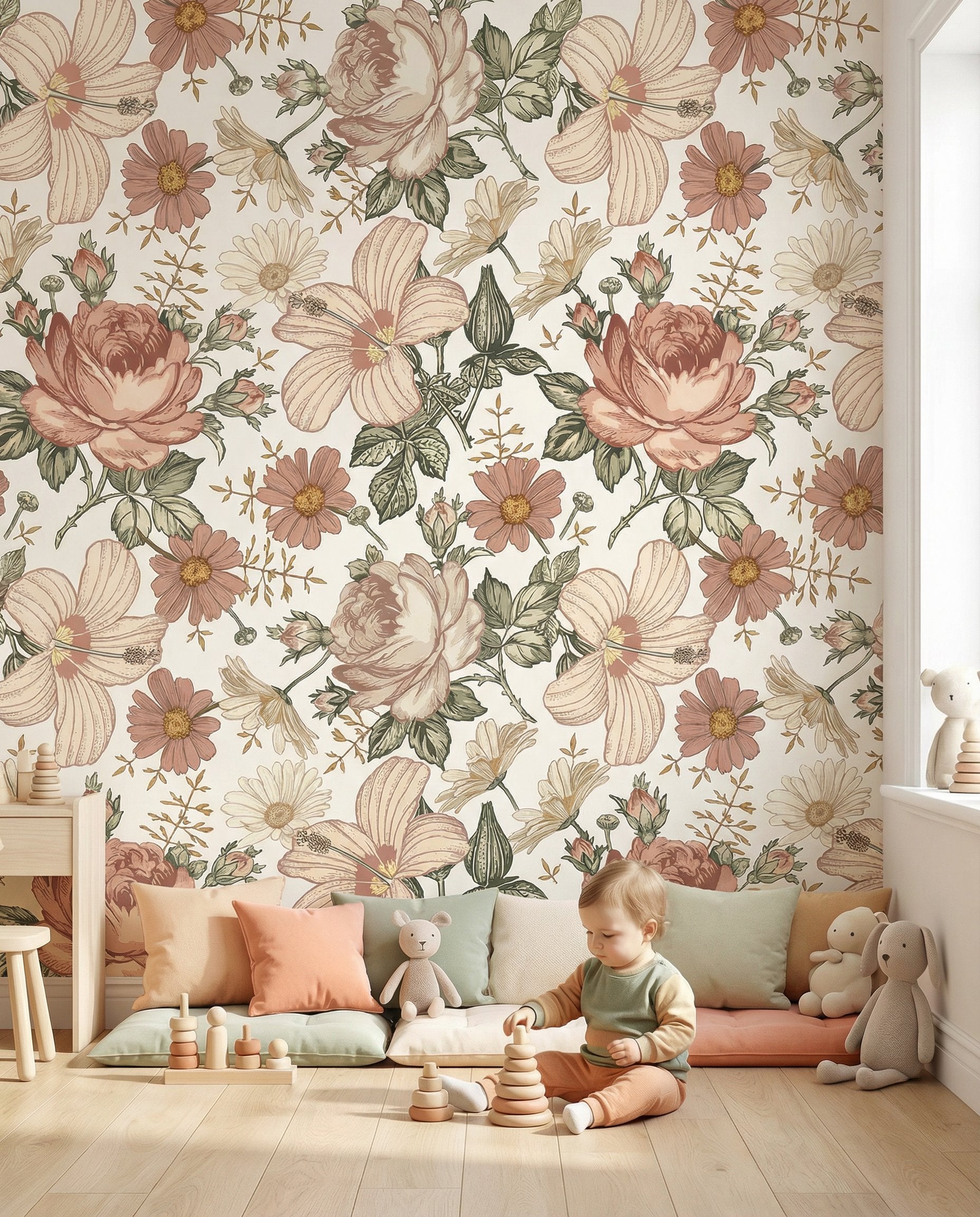 Papier Peint Fleur <br/> Grosse Fleur Beige