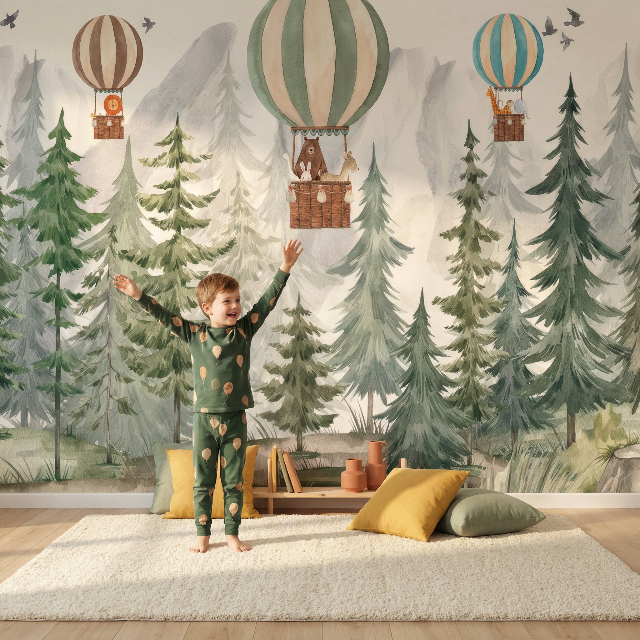 Papier Peint Animaux <br/> Forêt Verte et Animaux Montgolfières