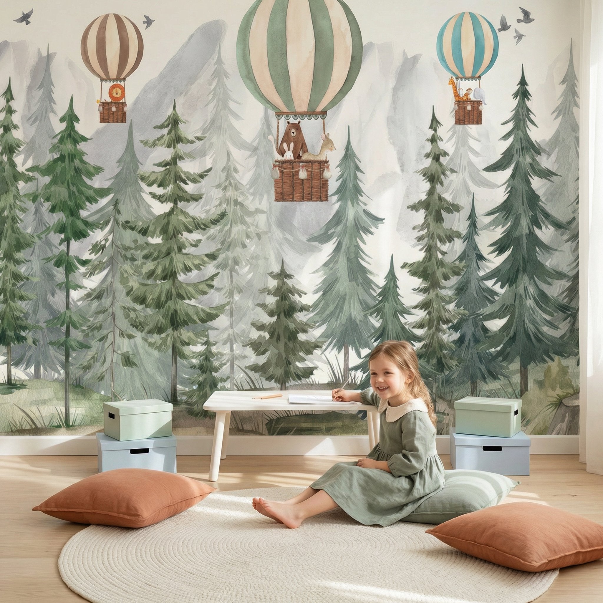 Papier Peint Animaux <br/> Forêt Verte et Animaux Montgolfières