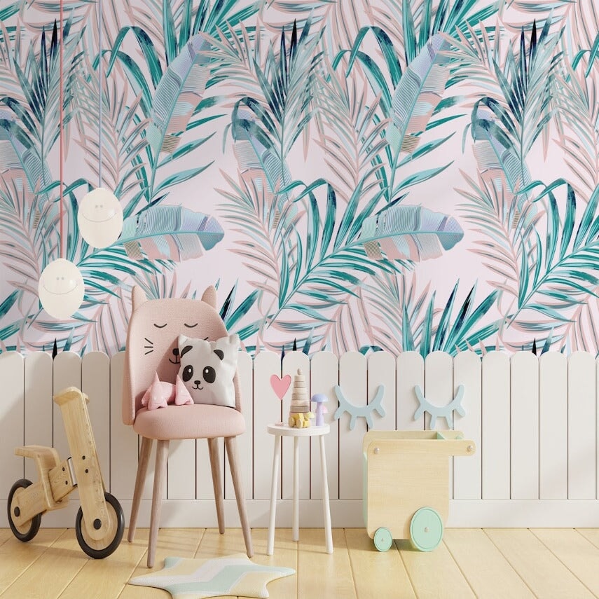Papier Peint Fille Classique <br/> Tropical Rose et Vert Délicat