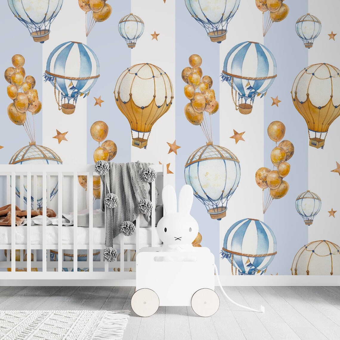 Papier Peint Bébé Classique <br/> Or et Bleu Montgolfière