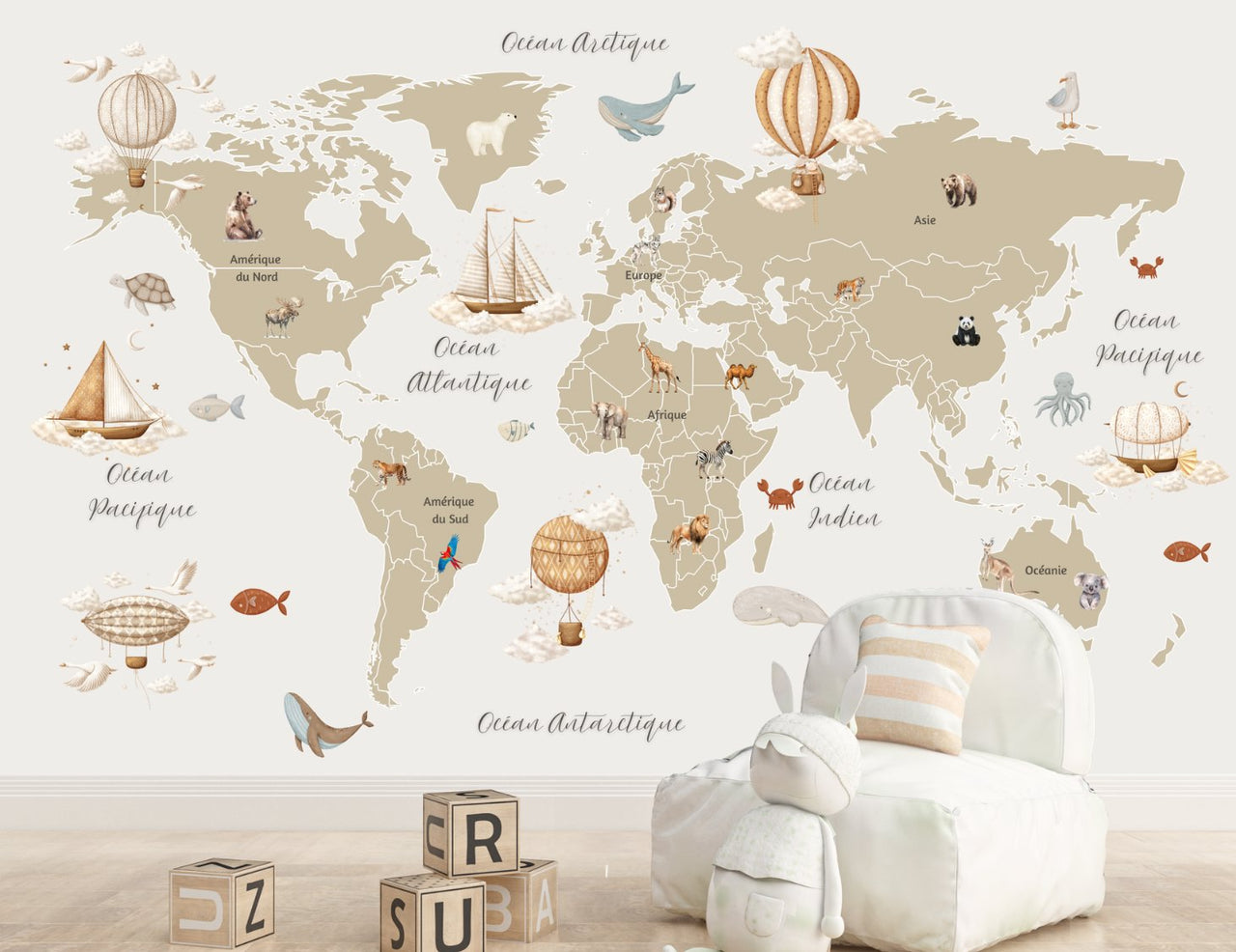 Papier Peint Carte du Monde <br/> Animaux et Continents