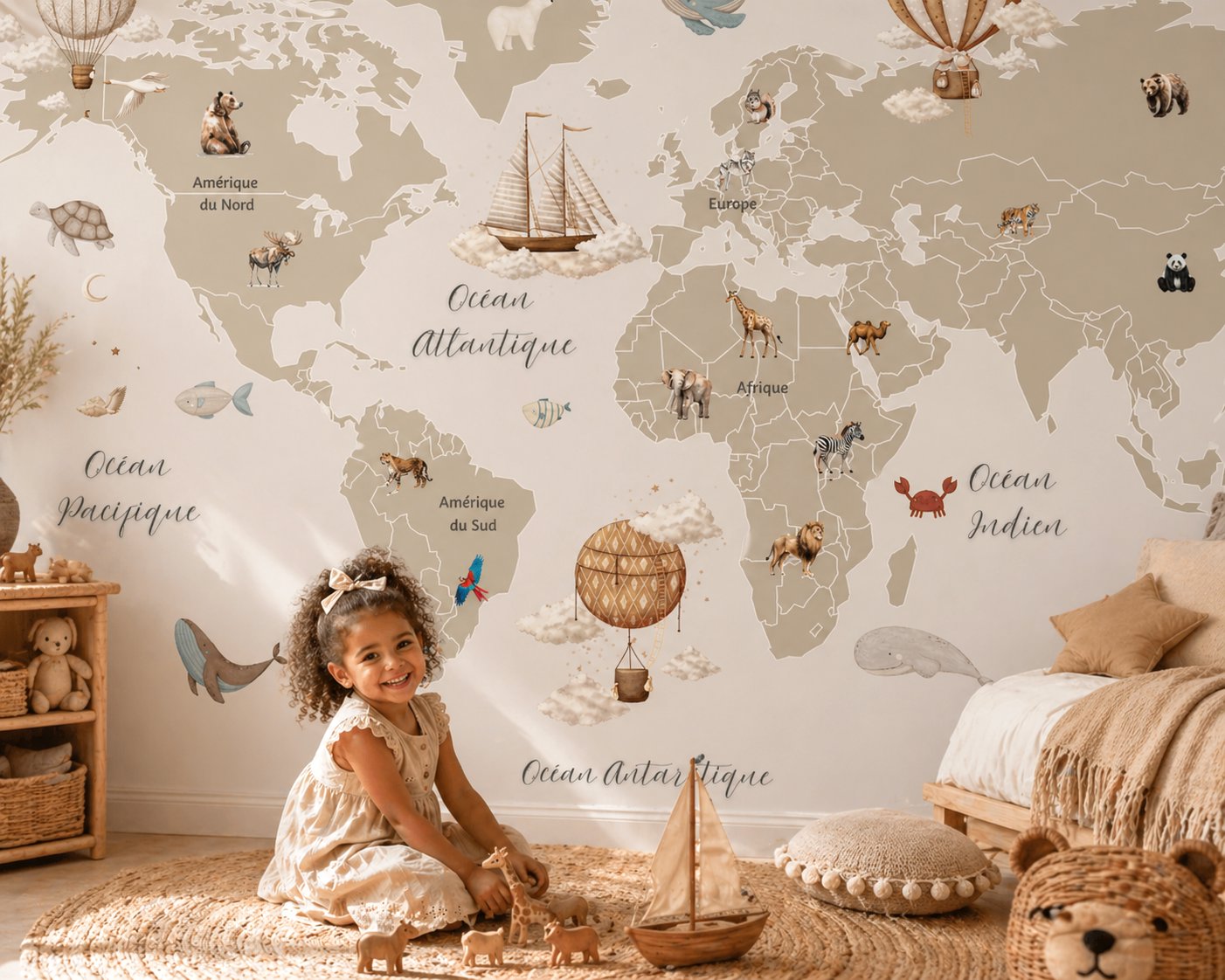 Papier Peint Carte du Monde <br/> Animaux et Continents