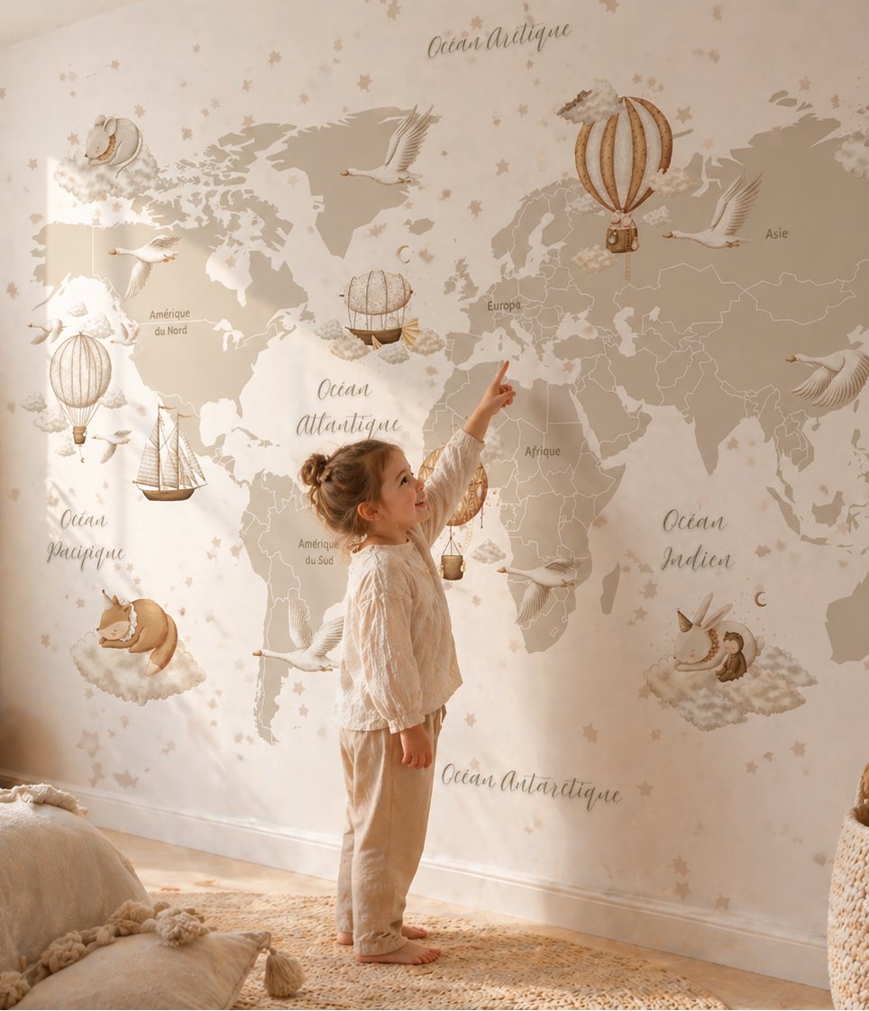 Papier Peint Carte du Monde <br/> Tapisserie Douce en Français