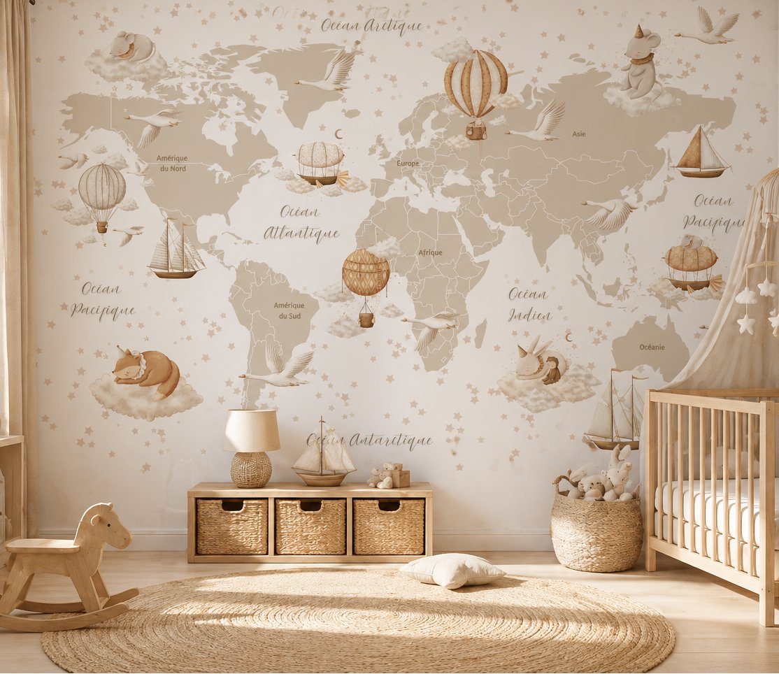 Papier Peint Carte du Monde <br/> Tapisserie Douce en Français