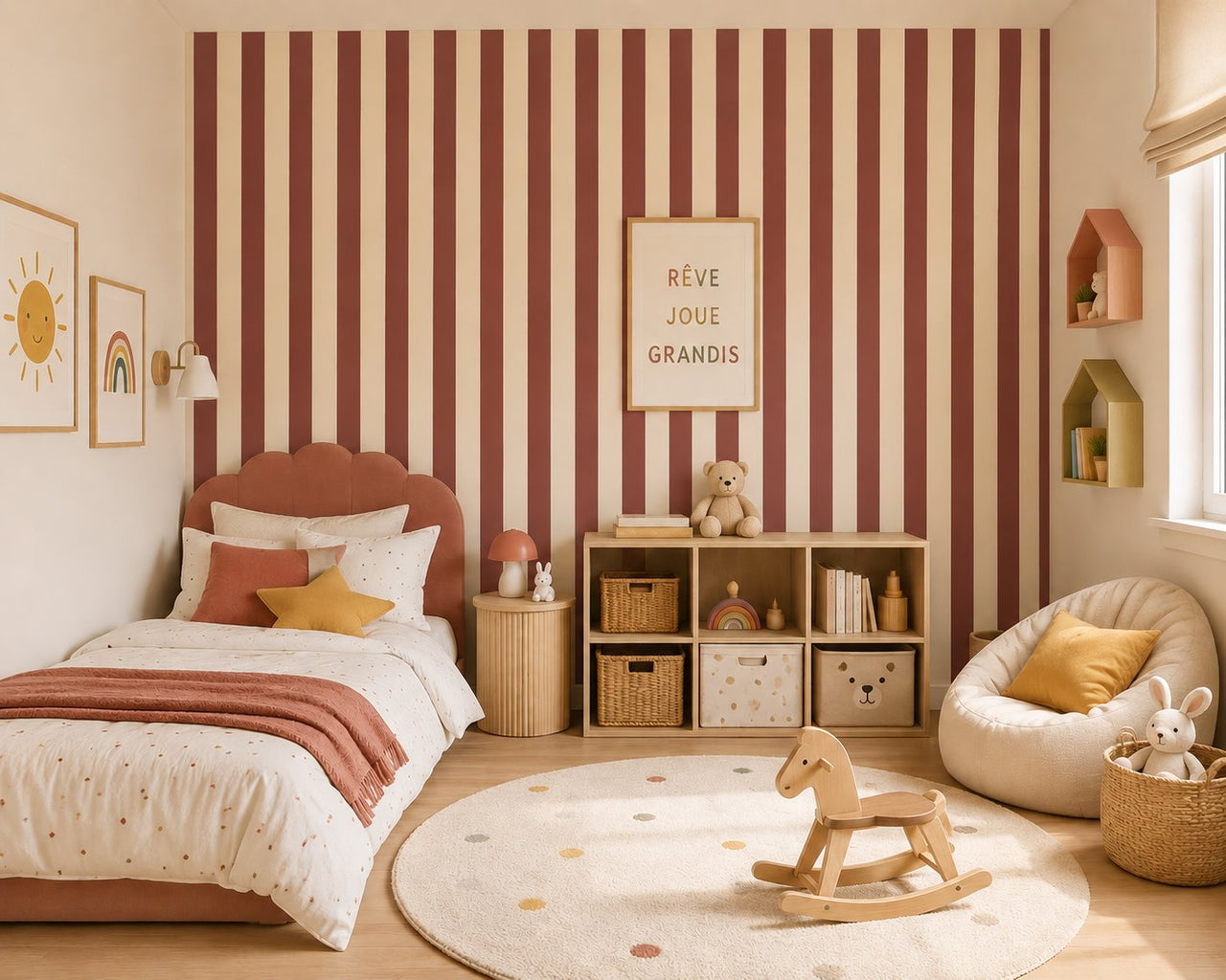 Papier Peint Bébé Classique <br/> Rayure Terracota et Beige Chambre