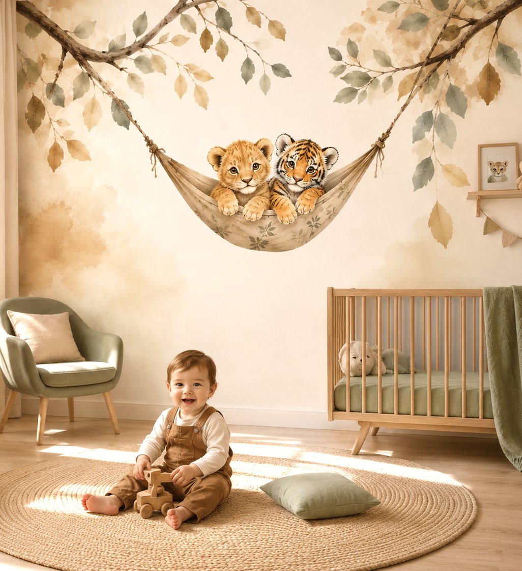 Papier Peint Animaux  <br/> Tigre et Lion ambiance Marron