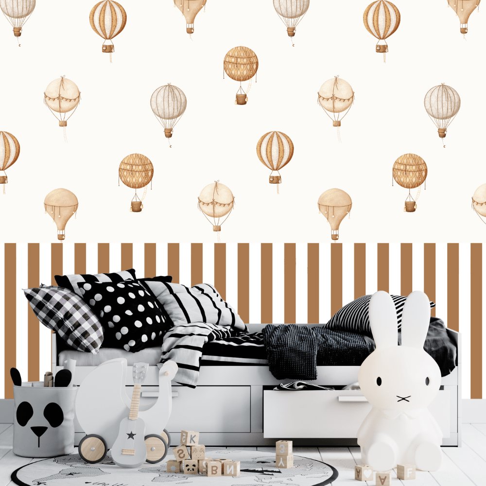 Papier Peint Rayure <br/> Caramel et Montgolfières