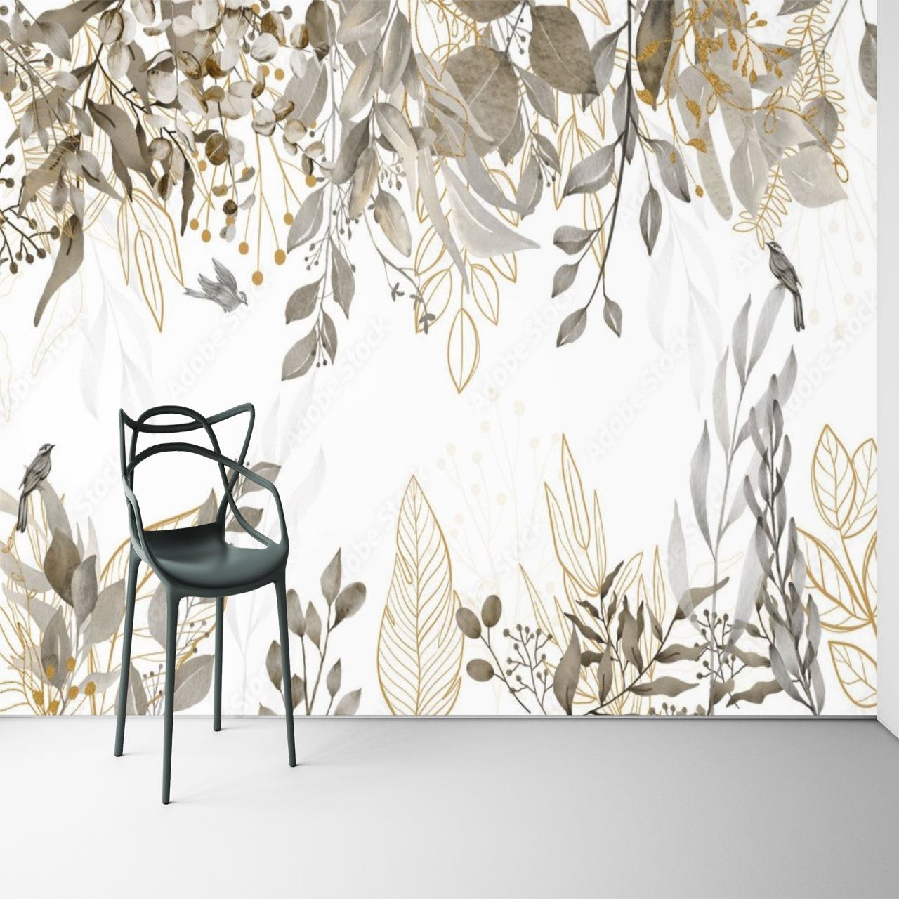 Papier Peint Oiseaux <br/> Motif Tropical Feuilles en Beige