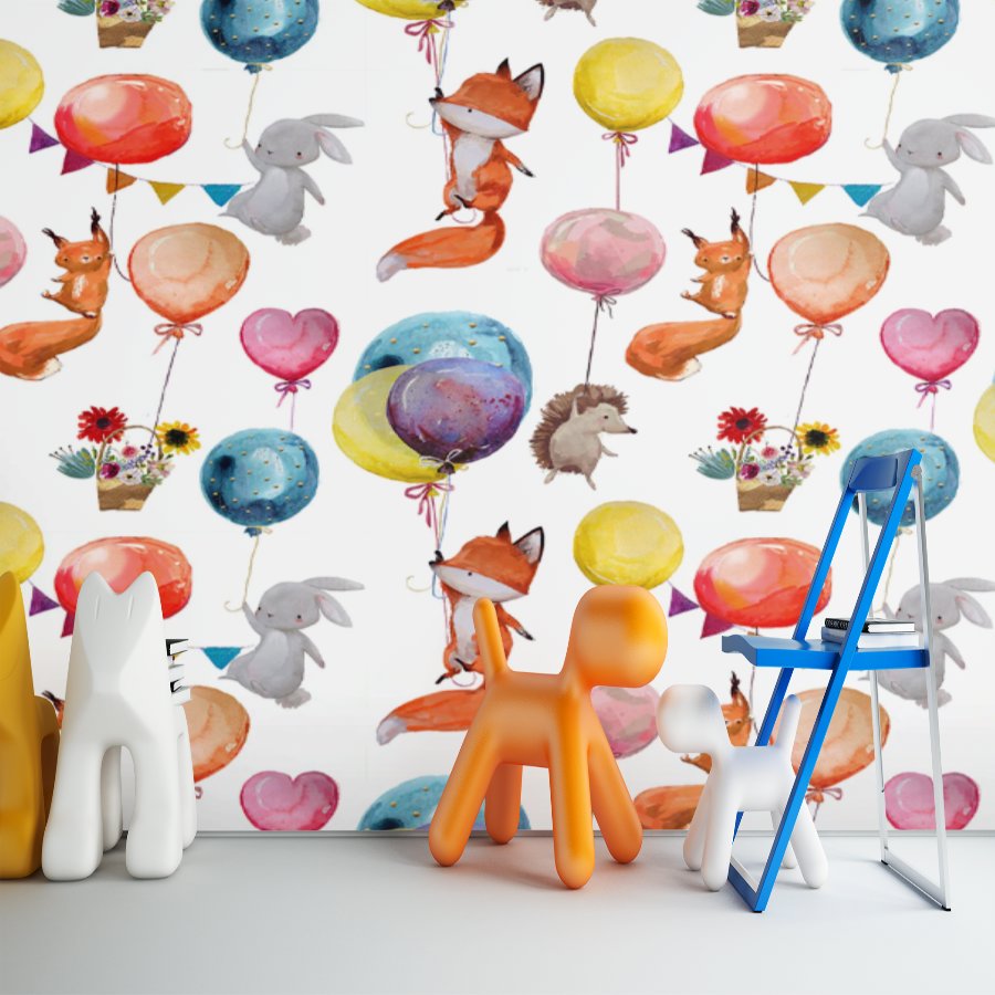 Papier Peint Animaux <br/> Renard, Lapin et Ballons