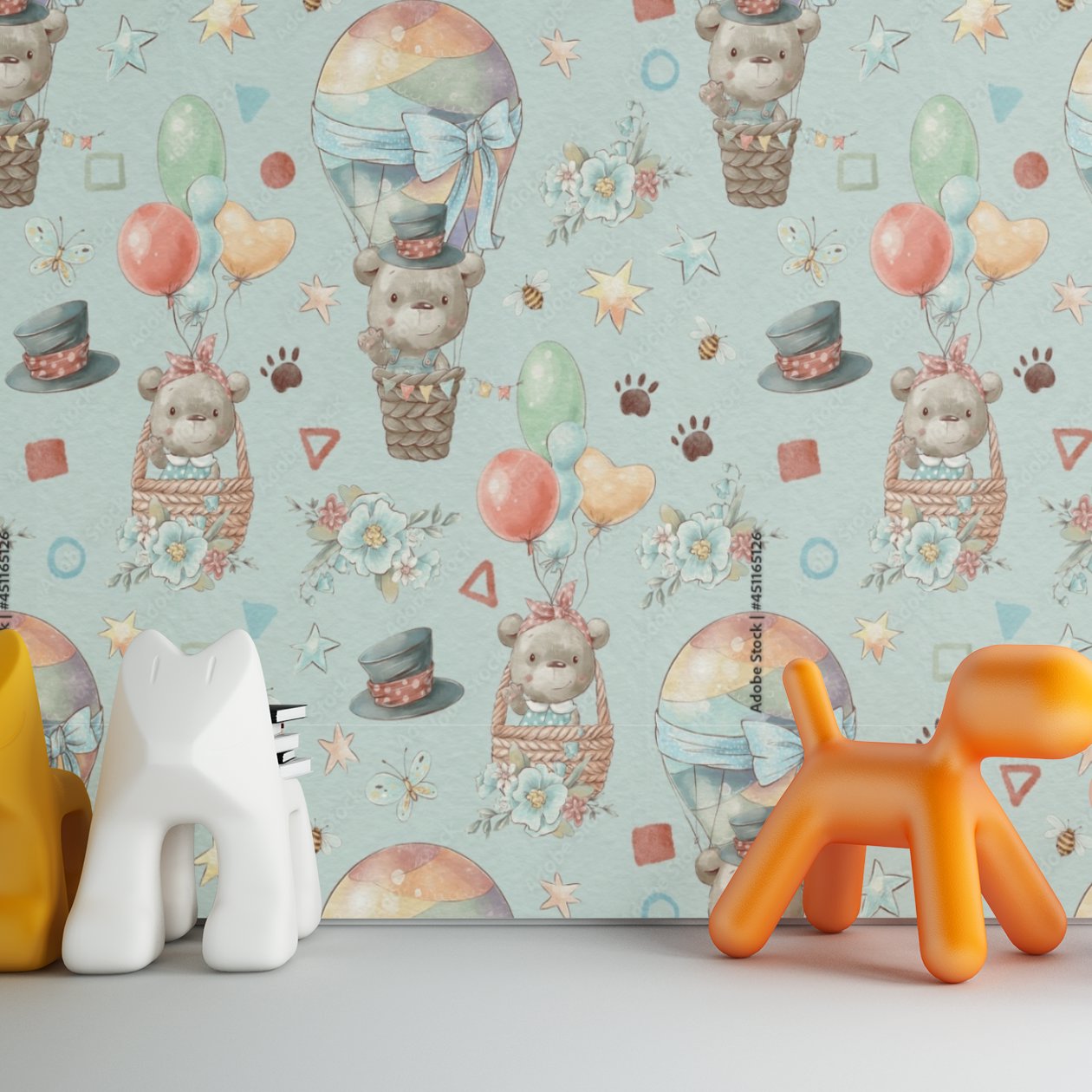 Papier Peint Bébé Classique <br/> Oursons Adorables et Montgolfières