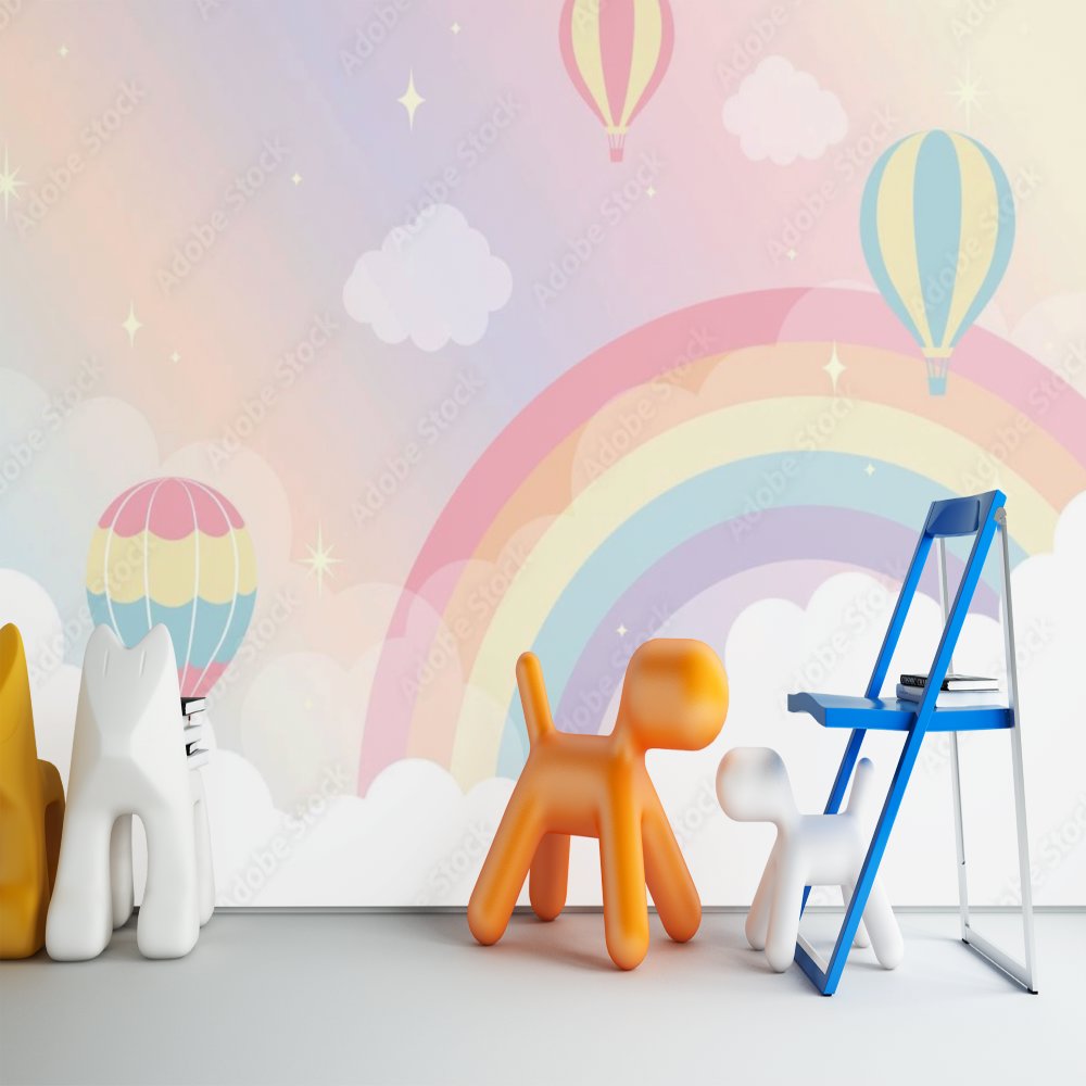 Papier Peint Fille Classique <br/> Arc-en-Ciel et Montgolfières Colorés