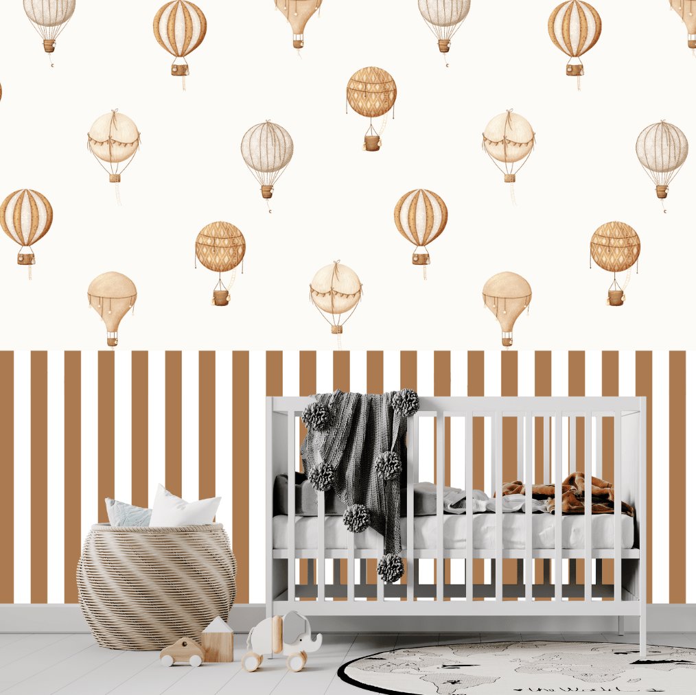 Papier Peint Rayure <br/> Caramel et Montgolfières