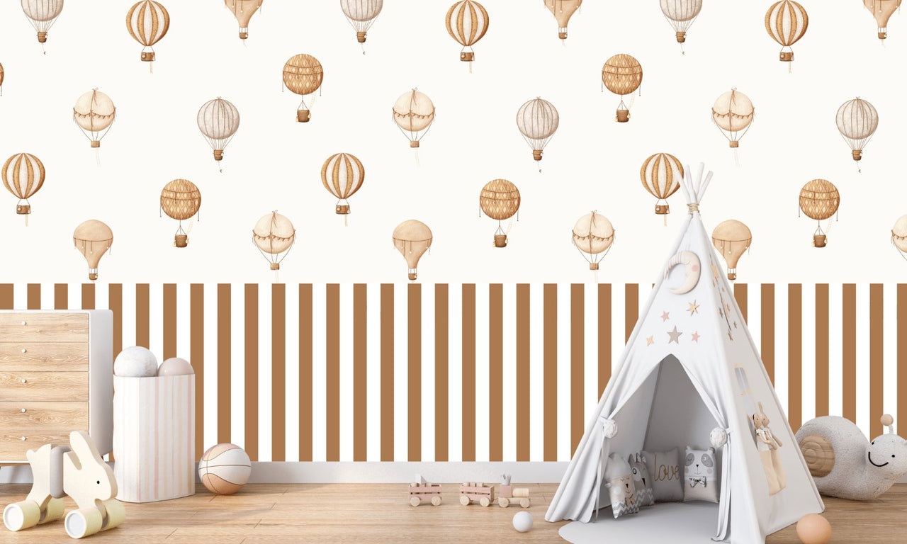 Papier Peint Rayure <br/> Caramel et Montgolfières