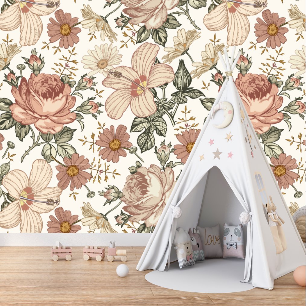 Papier Peint Fleur <br/> Grosse Fleur Beige