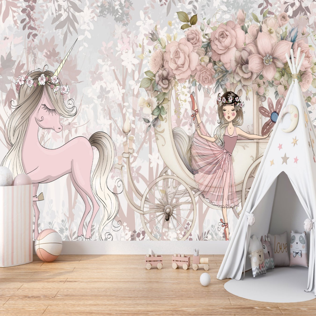 Papier Peint Licorne <br/> Princesse Ballerine et Carrosse