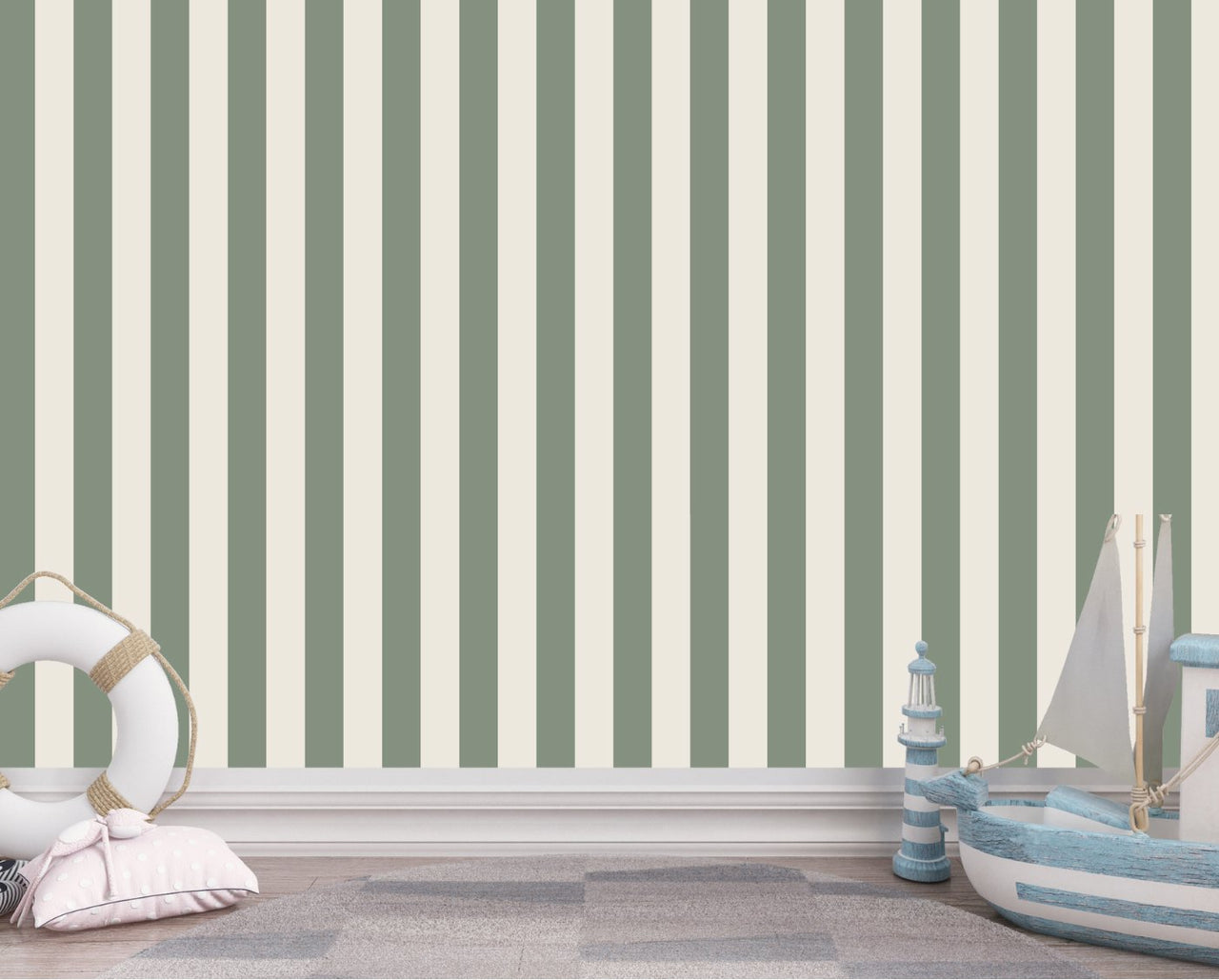 Papier Peint Bébé Classique <br/> Rayure Vert Sauge