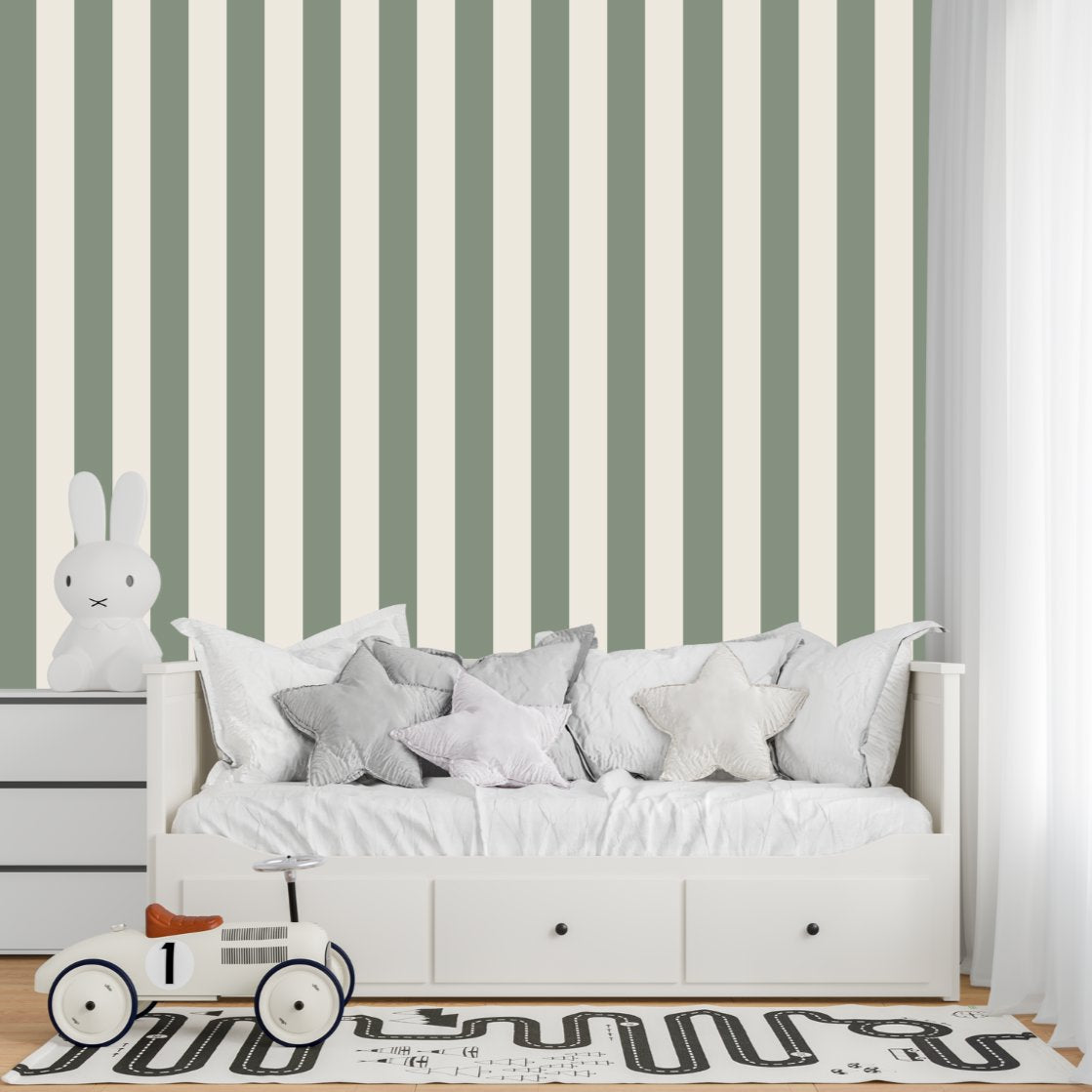 Papier Peint Bébé Classique <br/> Rayure Vert Sauge