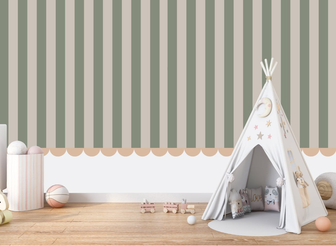 Papier Peint Bébé Classique <br/> Rayure Vert Nature