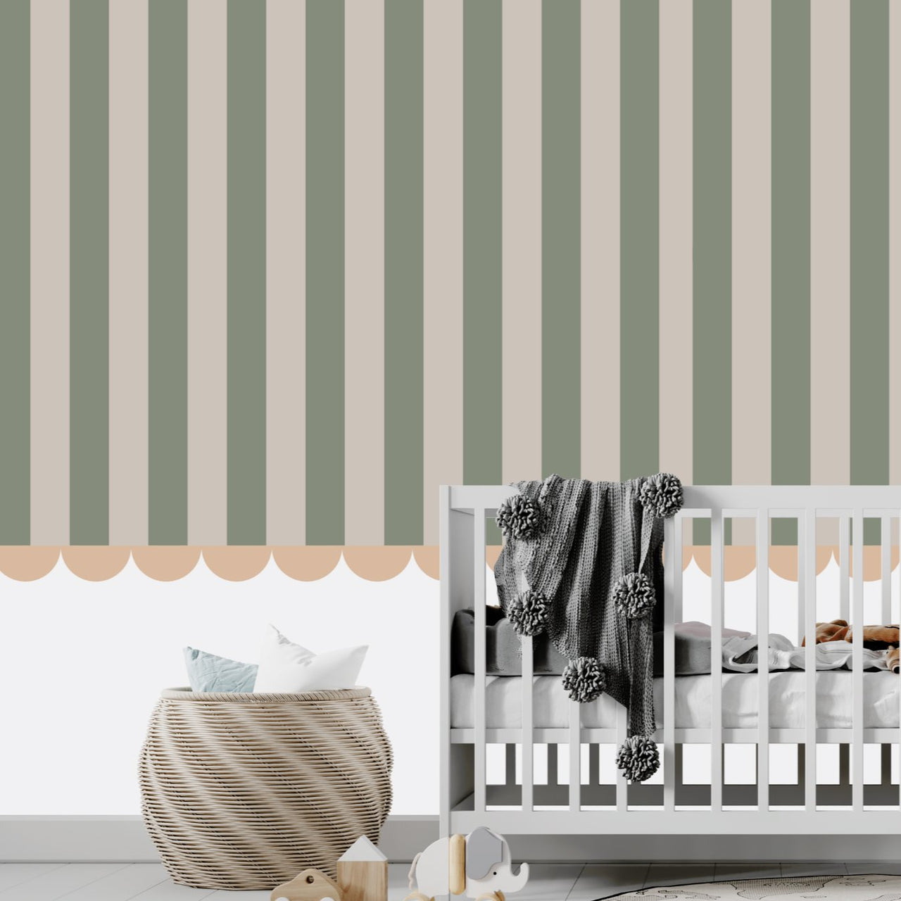 Papier Peint Bébé Classique <br/> Rayure Vert Nature