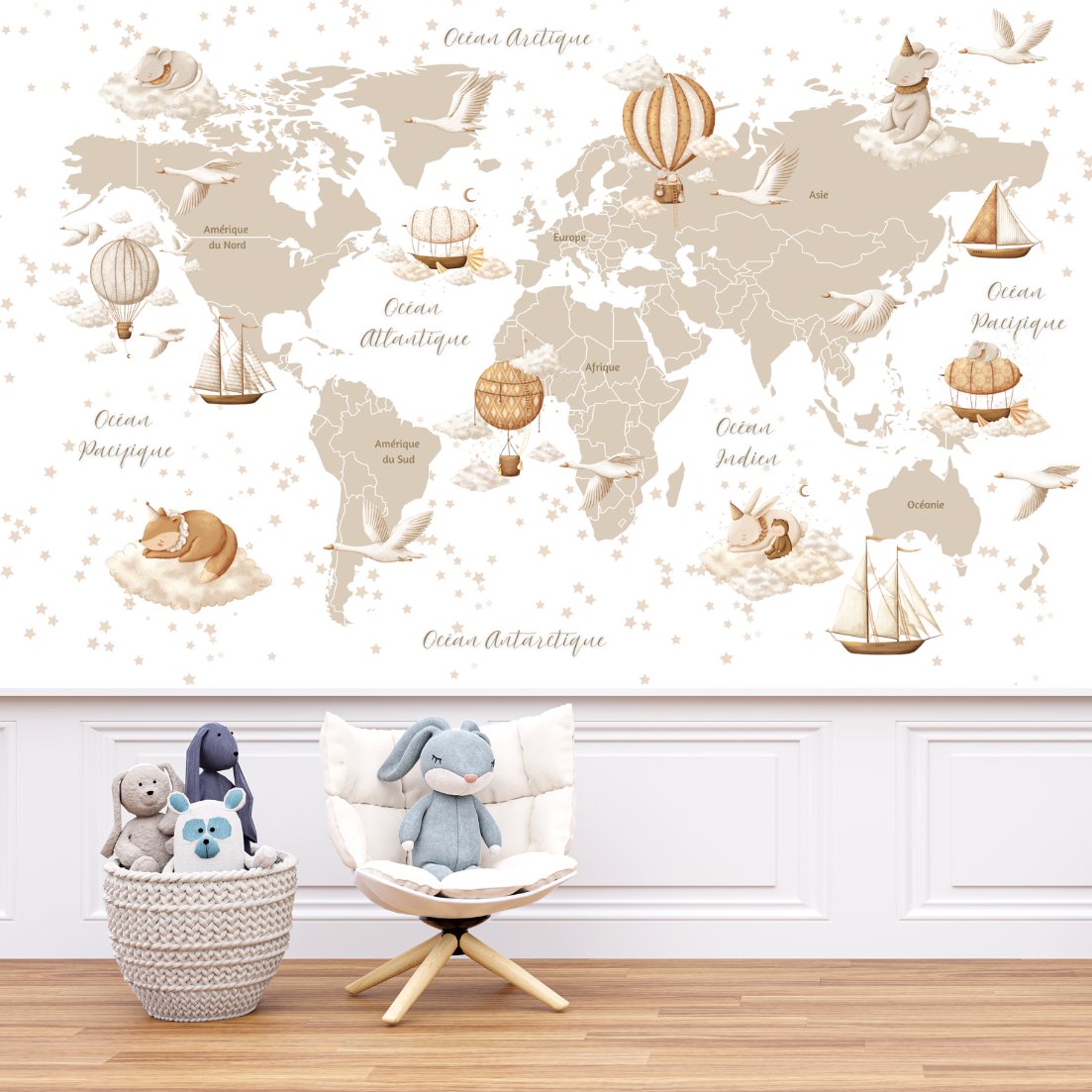 Papier Peint Carte du Monde <br/> Tapisserie Douce en Français