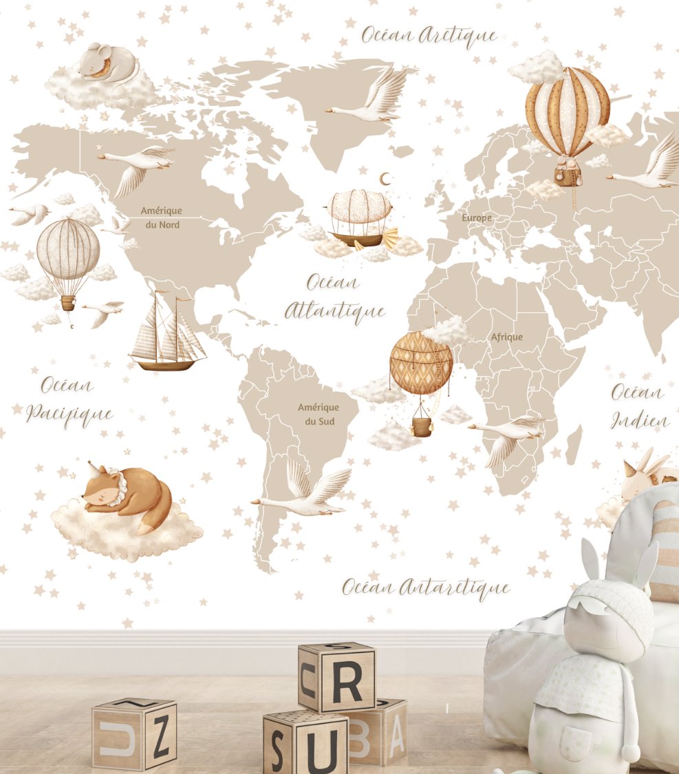 Papier Peint Carte du Monde <br/> Tapisserie Douce en Français