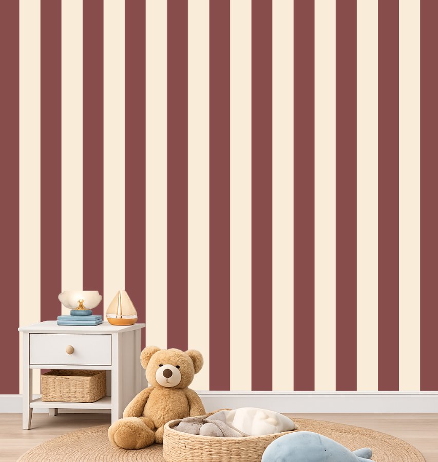 Papier Peint Bébé Classique <br/> Rayure Terracota et Beige Chambre