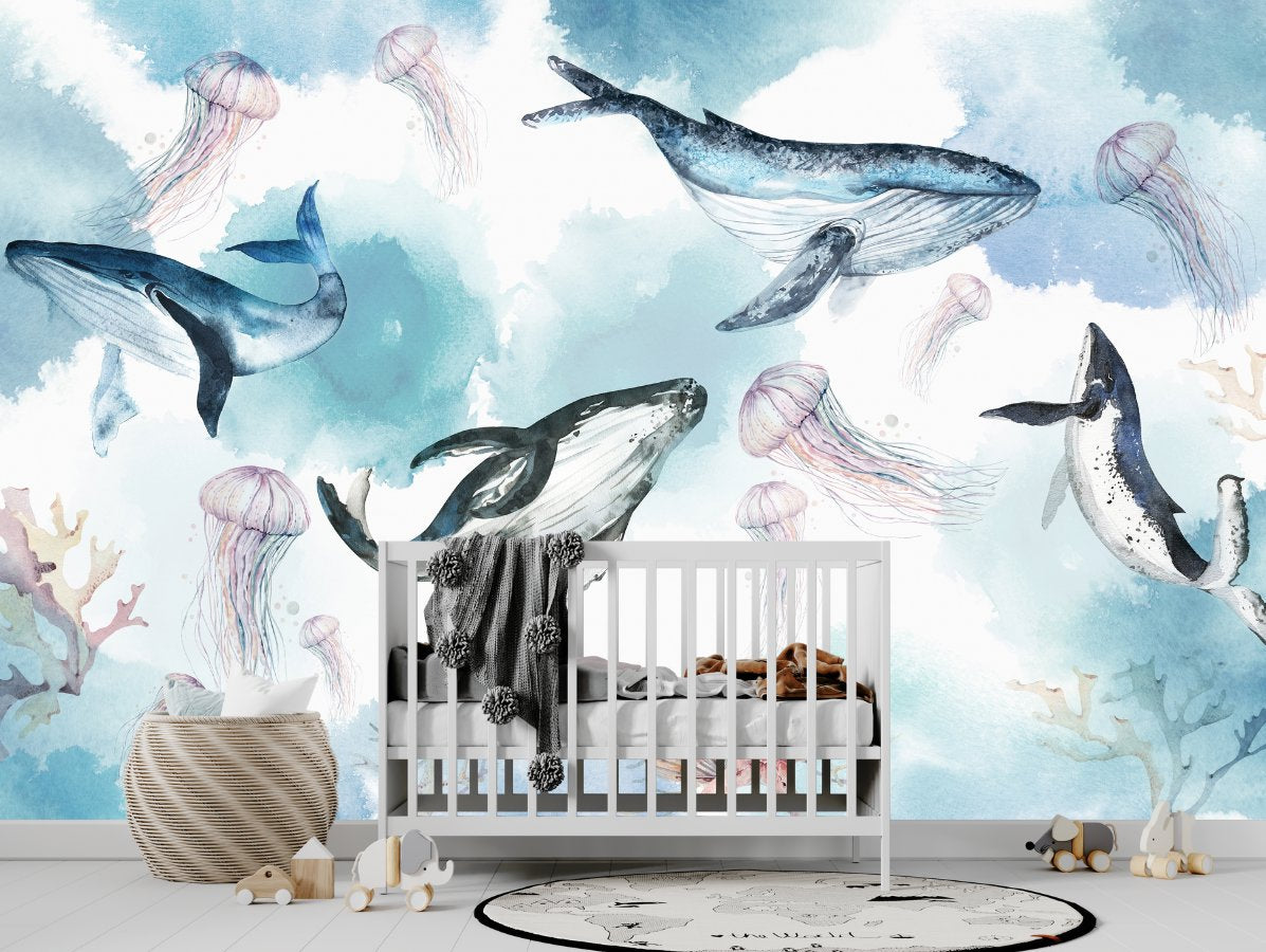 Papier Peint Marin <br/> Quatre Baleines