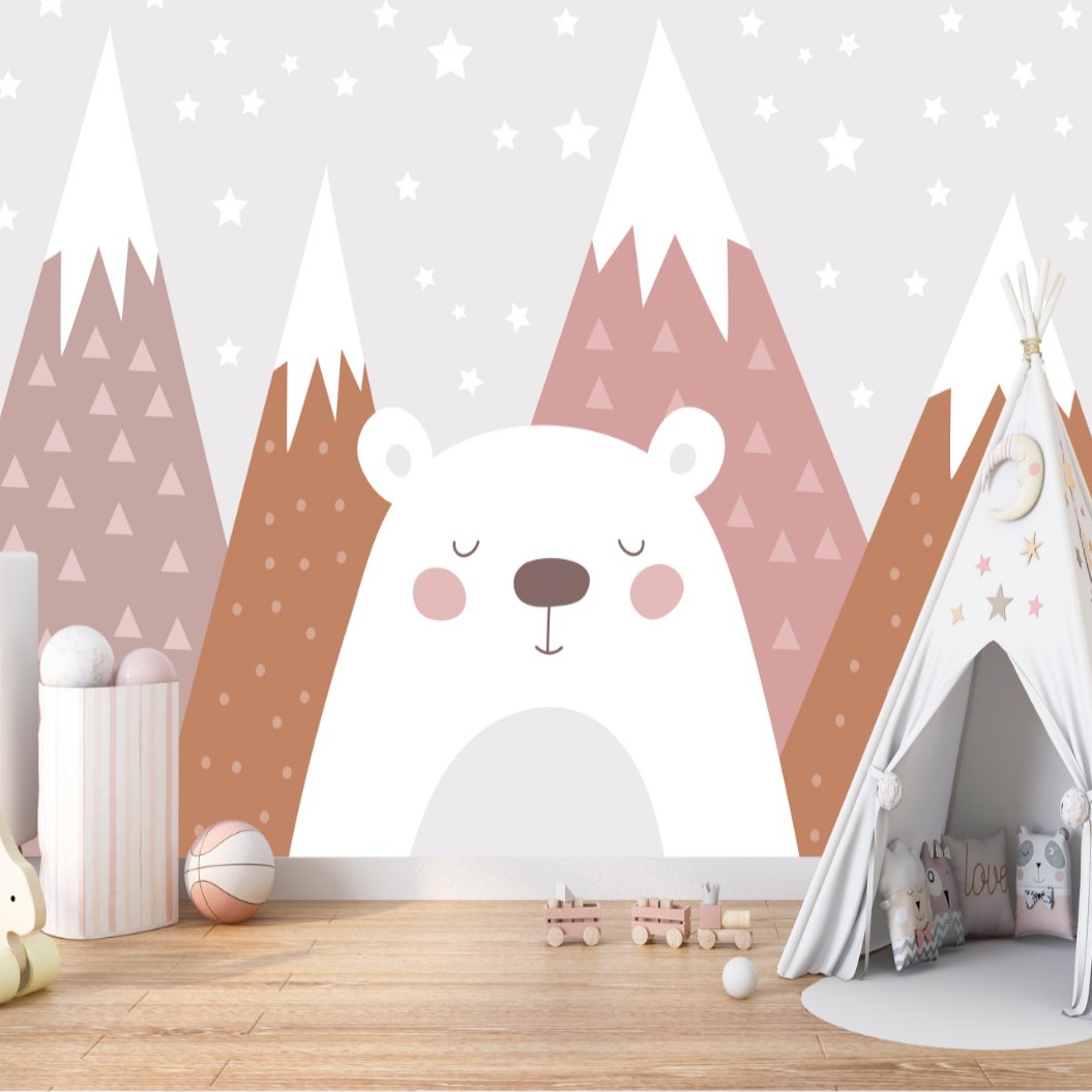 Papier Peint Bébé Classique <br/> Montagne et Ours Blanc
