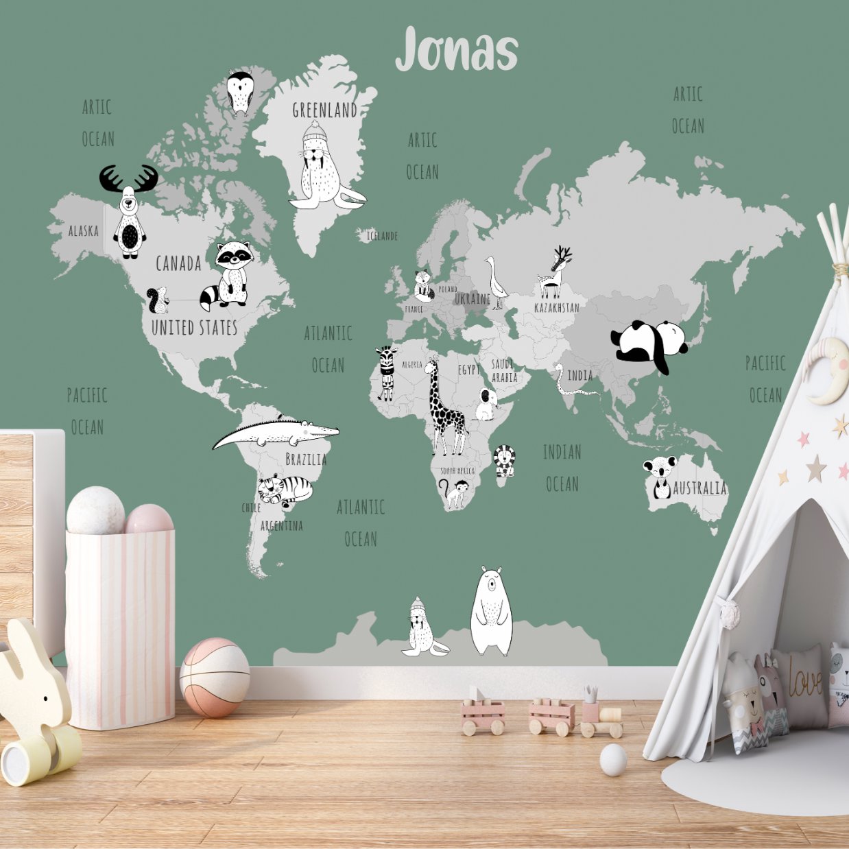Papier Peint avec Prénom <br/> Carte du Monde et Animaux