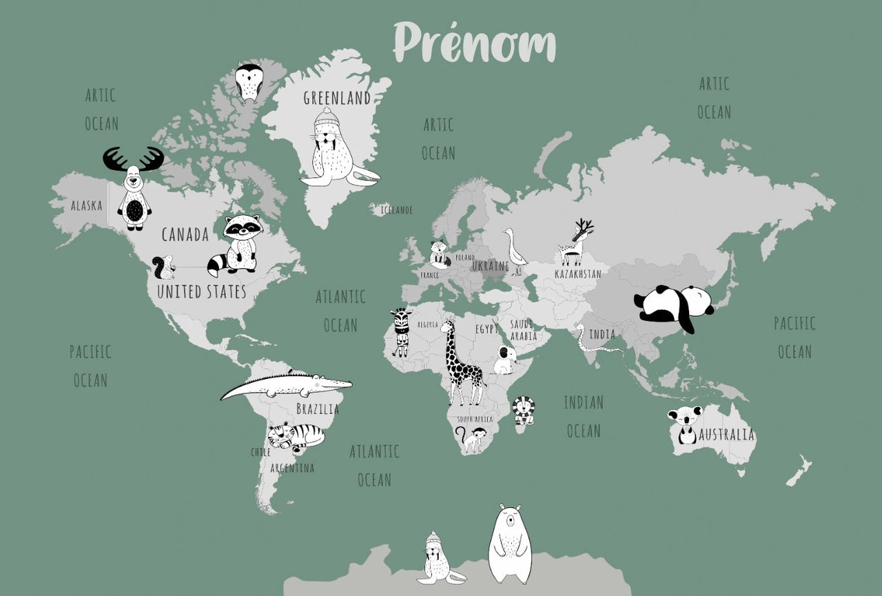 Papier Peint avec Prénom <br/> Carte du Monde et Animaux