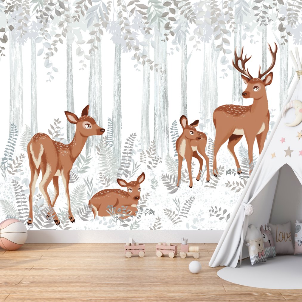 Papier Peint Animaux <br/> Famille de Cerfs en Forêt