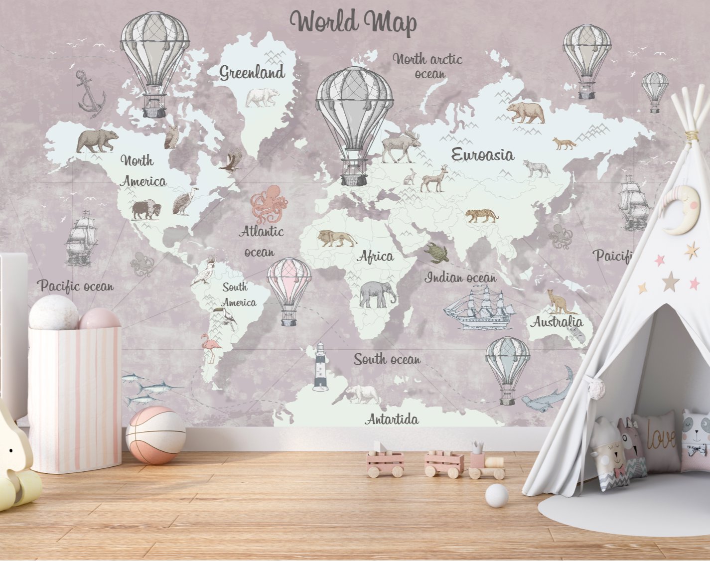 Papier Peint Animaux <br/> Aquarelle Rose Monde